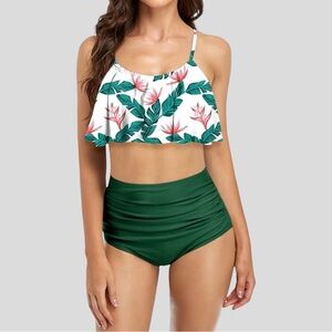 Women’s Tropical Print Ruffle Trim Bikini Top L NWOT